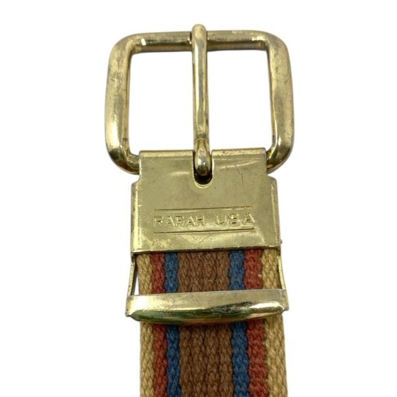 Vintage Farah USA Woven Cloth‎ Belt Size 40 Striped Brown Red Blue Gold Buckle - Picture 2 of 6